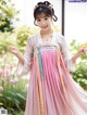 A woman in a pink and white hanbok is posing for a picture.