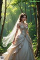 A woman in a wedding dress standing in the woods.